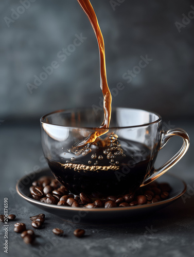 Pouring fresh black coffee into clear glass cup