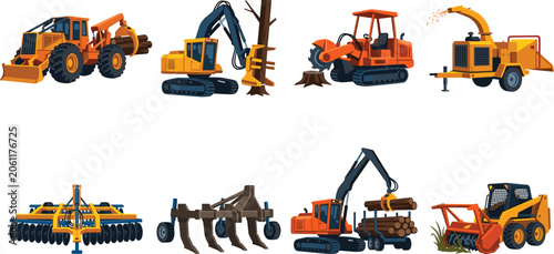 Tableau sur toile Forestry and Agricultural Heavy Machinery Equipment Vector Icons Collection