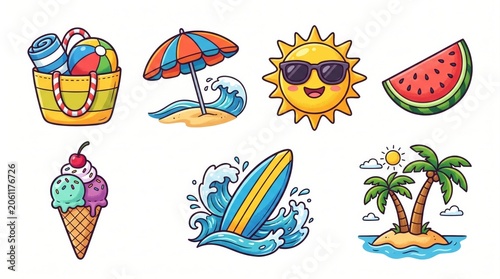 Vibrant summer vacation icon collection with beach