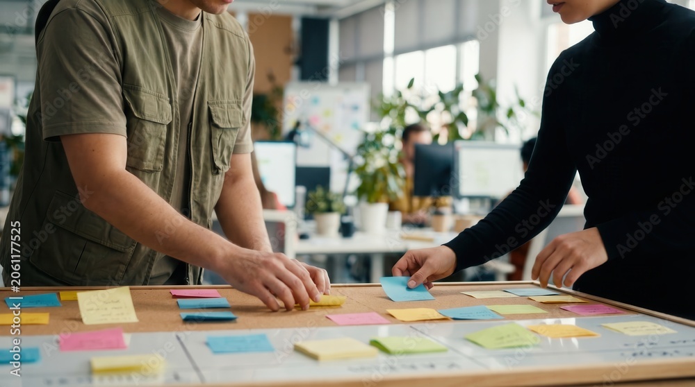 Fototapeta premium Generative AI, Two Colleagues Organizing Colorful Sticky Notes on Kanban Board in Modern Office