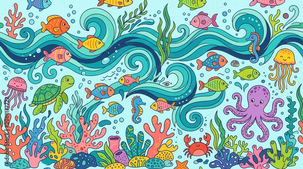 Fototapeta premium Cartoon fish, jellyfish, turtle, octopus, crabs swim happily in colorful coral reef
