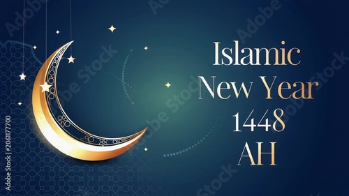 Elegant Golden Crescent Moon with Stars on Dark Blue Background Celebrating Islamic New Year 1448 AH Tradition