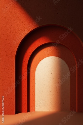 Minimal terracotta arch composition with dramatic shadows. AI-generated.