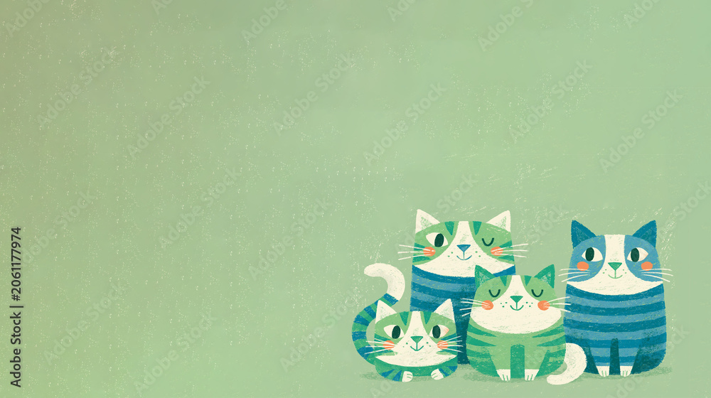 Naklejka premium Cute Cat Family Group on Green Background With Copy Space — Kawaii Pet Greeting Card Template Illustration