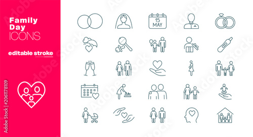 Family line icons. Family Day icon set, editable stroke