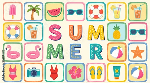 Summer seasonal celebration grid with playful vacation icons