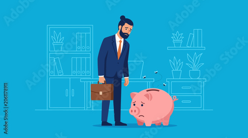 Financial Crisis Concept featuring a sad businessman in a suit looking at an empty piggy bank with flies, ideal for bankruptcy articles and debt management blogs.