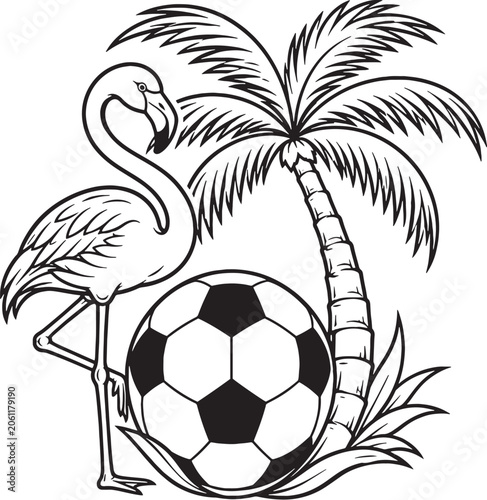 Miami Flamingo Palm Tree Soccer Ball Black and White Vector Line Art Illustration
