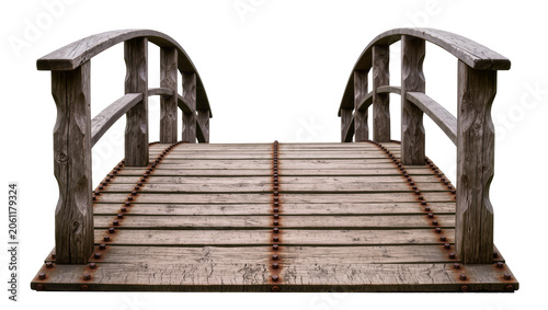 Фотография Rustic wooden arched footbridge with metal rivets, isolated on transparent backg