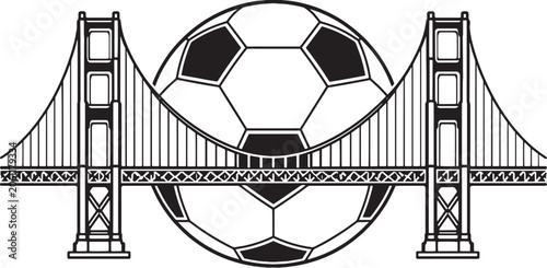 Golden Gate Bridge Soccer Ball Vector Illustration Black and White San Francisco Sports Tourism Emblem