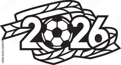 Canada Inspired 2026 Soccer Celebration Emblem with Soccer Ball and Ribbon Geometry Black and White Vector Line Art