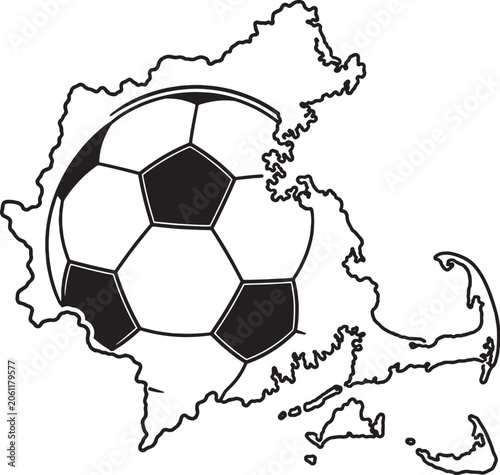 Boston Metropolitan Coastline Soccer Ball Map Vector Line Art Illustration