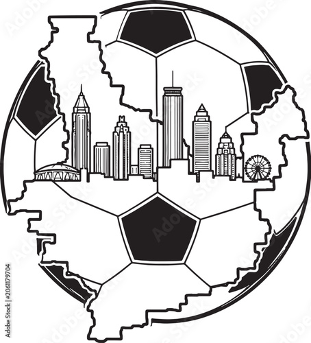 Atlanta Soccer Ball Map Vector Illustration Black and White Sports Tourism Emblem
