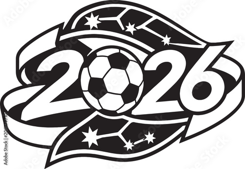 Australia 2026 Soccer Ribbon Emblem Black and White Vector Line Art Constellation Inspired Football Celebration Icon