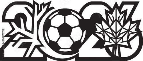 2026 soccer celebration emblem with football and geometric maple leaf vector line art