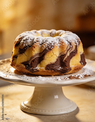 Traditioneller Marmorgugelhupf mit Puderzucker auf einer eleganten Tortenplatte, klassischer österreichischer Kuchen zum Kaffee