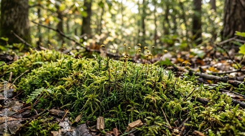 Small green moss growing on the damp forest floor with soft sunlight filtering through the trees in a wild woodland setting