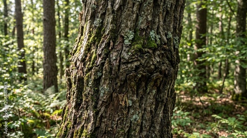 Close up view of rough tree bark texture on a large trunk in a sunny green forest during a bright summer day