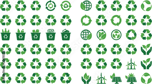 Konstfotografi Green Recycle and Ecology Icon Set with Renewable Energy, Waste Sorting Bins, Pl