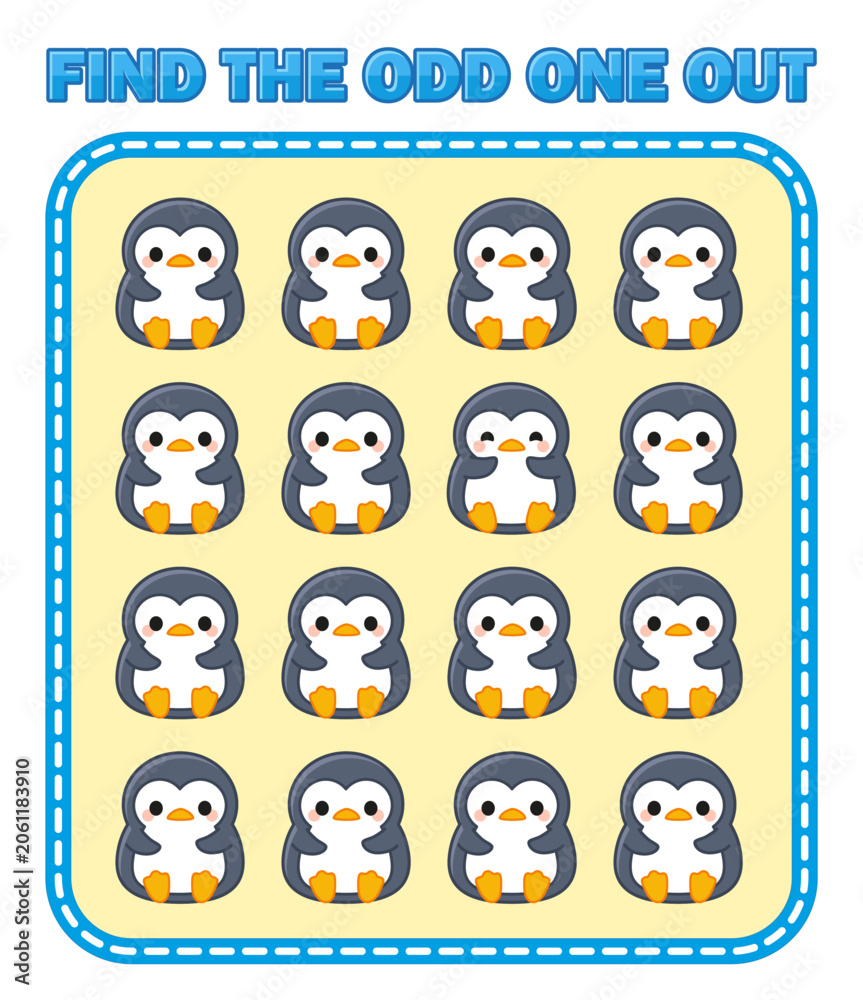 Obraz premium Find the odd one out educational worksheet with colorful penguins, printable visual puzzle game for preschool learning and kids activities. Vector illustration