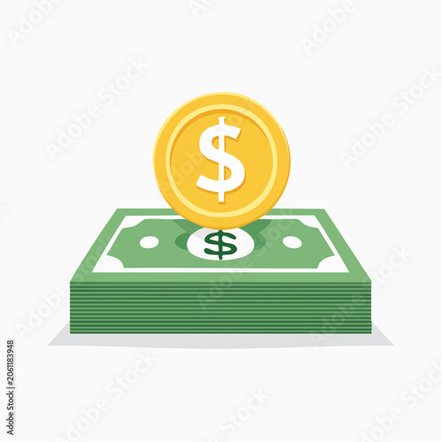 Stack of US Dollar Bills with Gold Coin