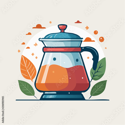 Stylized illustration of a glass coffee maker with colorful liquid and leaves
