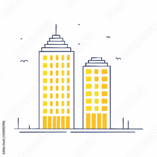 Stylized illustration of two modern skyscrapers with yellow windows