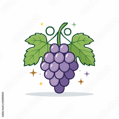 Cartoon bunch of purple grapes with green leaves and sparkles
