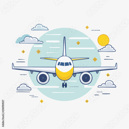 Airplane flying in the sky with clouds and sun