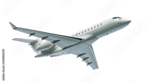 Modern white private jet airplane in flight, isolated on transparent background