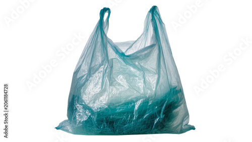 Foto Crinkled teal plastic shopping bag full of unseen items, isolated on transparent