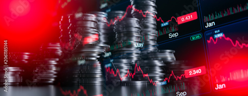 Fotografie Double exposure of city and rows of coins for finance and banking