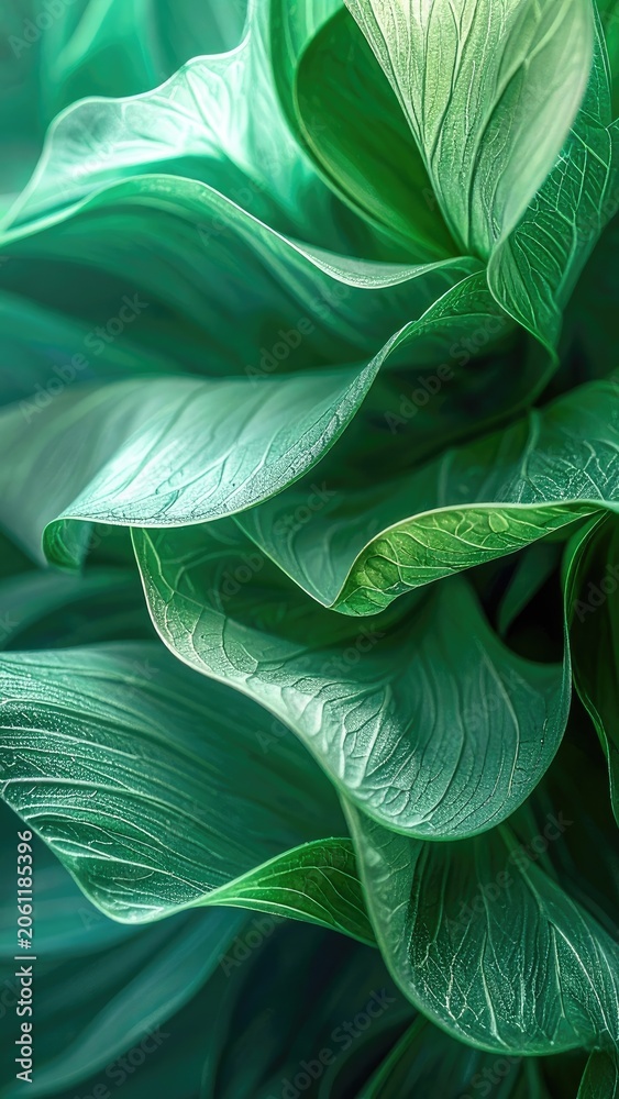 Obraz premium Close-up of lush green leaves with intricate vein patterns and flowing shapes.