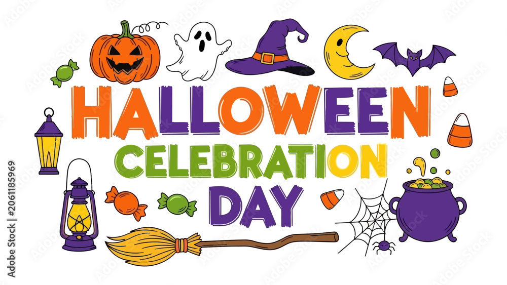 Fototapeta premium Halloween Celebration Elements: A whimsical collection of iconic Halloween symbols and festive text spelling HALLOWEEN CELEBRATION DAY arranged creatively, perfect for seasonal decor and design.