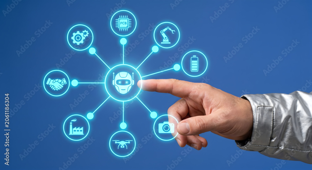 Fototapeta premium Industrial artificial intelligence concept with robot head and manufacturing technology icons set.