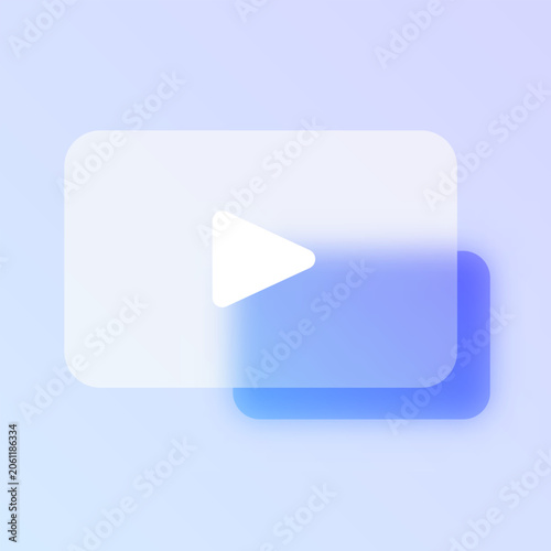 Video play button glassmorphism icon. Blue frosted glass vector pictogram with play triangle for media player UI, web design concept.