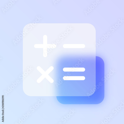 Calculator math glassmorphism icon. Blue frosted glass vector pictogram with arithmetic symbols for education, finance UI, web design concept.