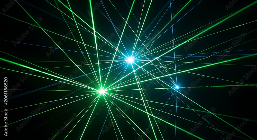 Fototapeta premium Green laser beams in dark space.
