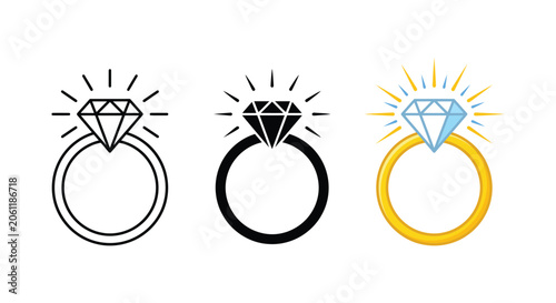 Bild auf Leinwand Diamond ring icon set representing jewelry, luxury, and sparkle in outline and s