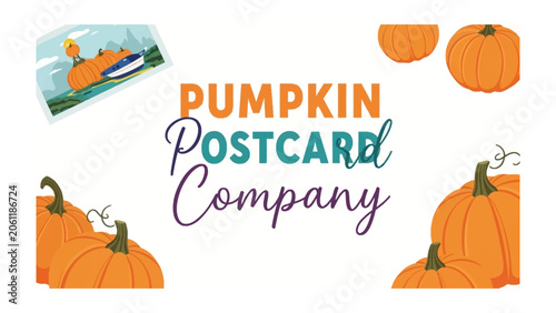 Photography Autumn Harvest Collection: A vibrant display of plump pumpkins and the Pumpkin Postcard Company logo, celebrating the spirit of fall with a charming and rustic aesthetic