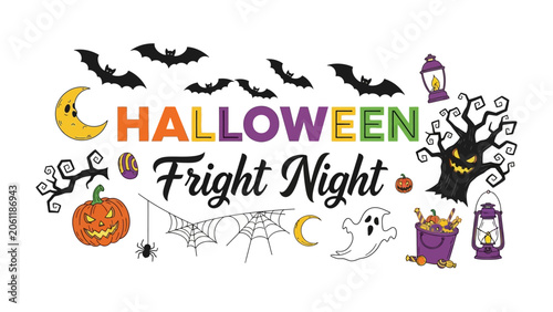 Canvas Print Halloween Fright Night: A vibrant collection of Halloween-themed graphic elements including bats, moon, pumpkins, ghost, spiderweb, and a spooky tree, all celebrating the thrill of Fright Night