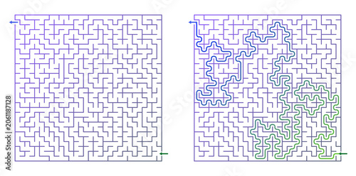 Maze design with intricate pathways in blue and green colors  