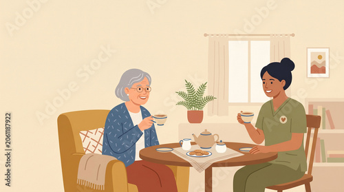 介護士と高齢者がお茶を楽しむ様子を描いたベクターイラストです。
温かみのあるベージュ背景が穏やかな時間を演出します。