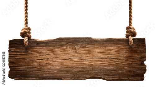 Foto Rustic wooden plank sign with rough edges suspended by thick knotted ropes, isol