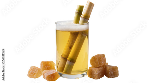 Bild auf Leinwand Glass of sugarcane juice with stalks and brown sugar cubes, isolated on transpar