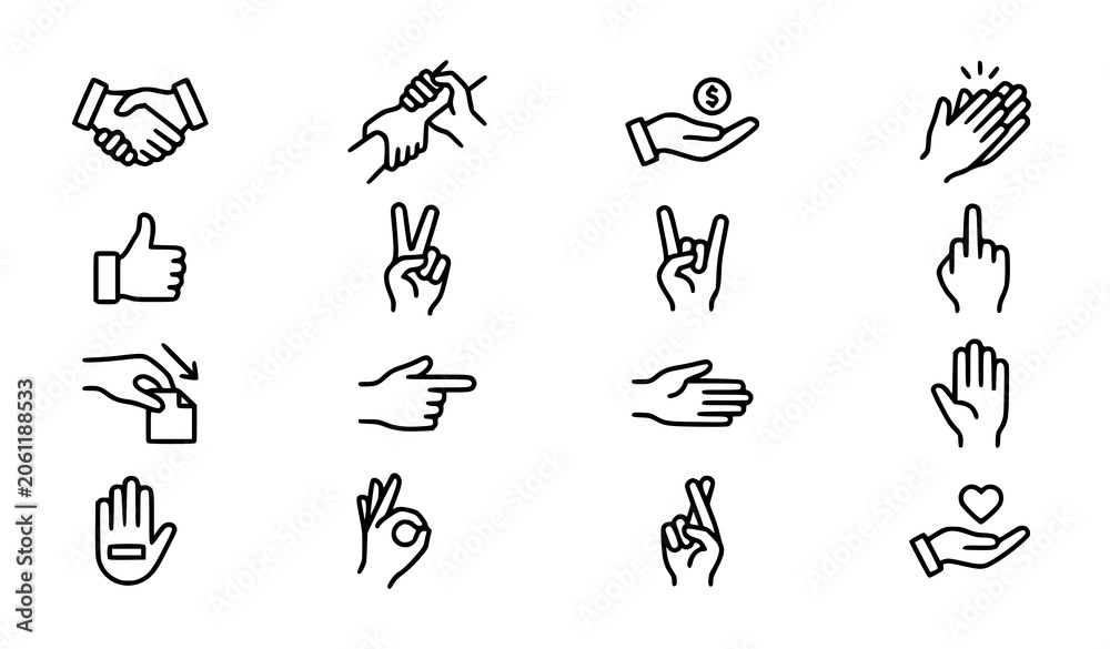 Fototapeta premium Hand gestures icon set line art illustrations for communication and concepts