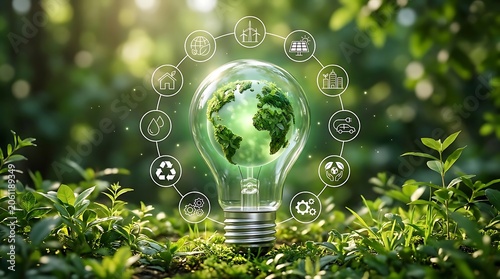 Glowing light bulb containing the Earth surrounded by a circular diagram of eco-friendly icons on a lush green natural background.