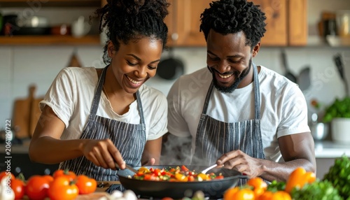 Smiling Black couple cooking healthy meal together in kitchen.