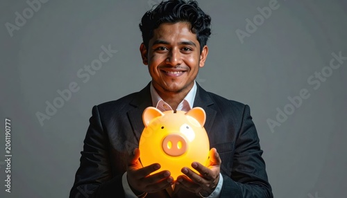 Smiling businessman holding glowing piggy bank for investment growth.