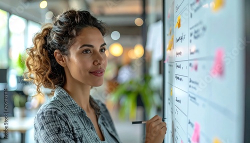 Smiling businesswoman standing by office whiteboard with notes.